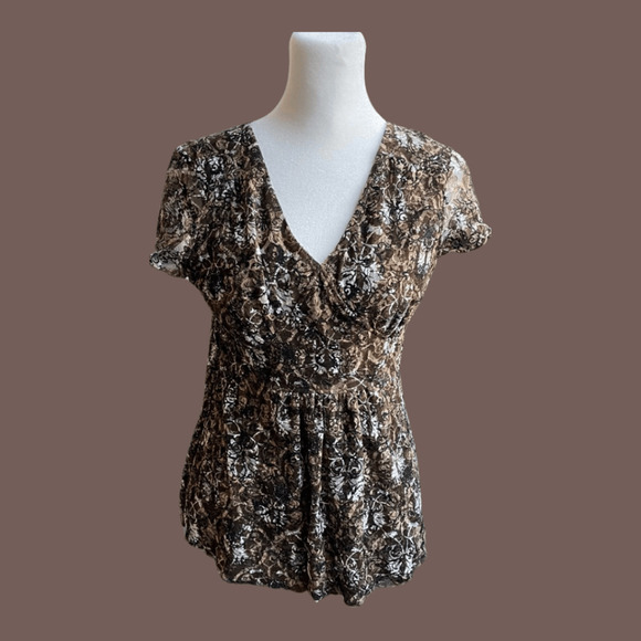 Style & Co. Mesh Peplum Top | Green Tan Abstract | Size PS | Vintage - Picture 1 of 5